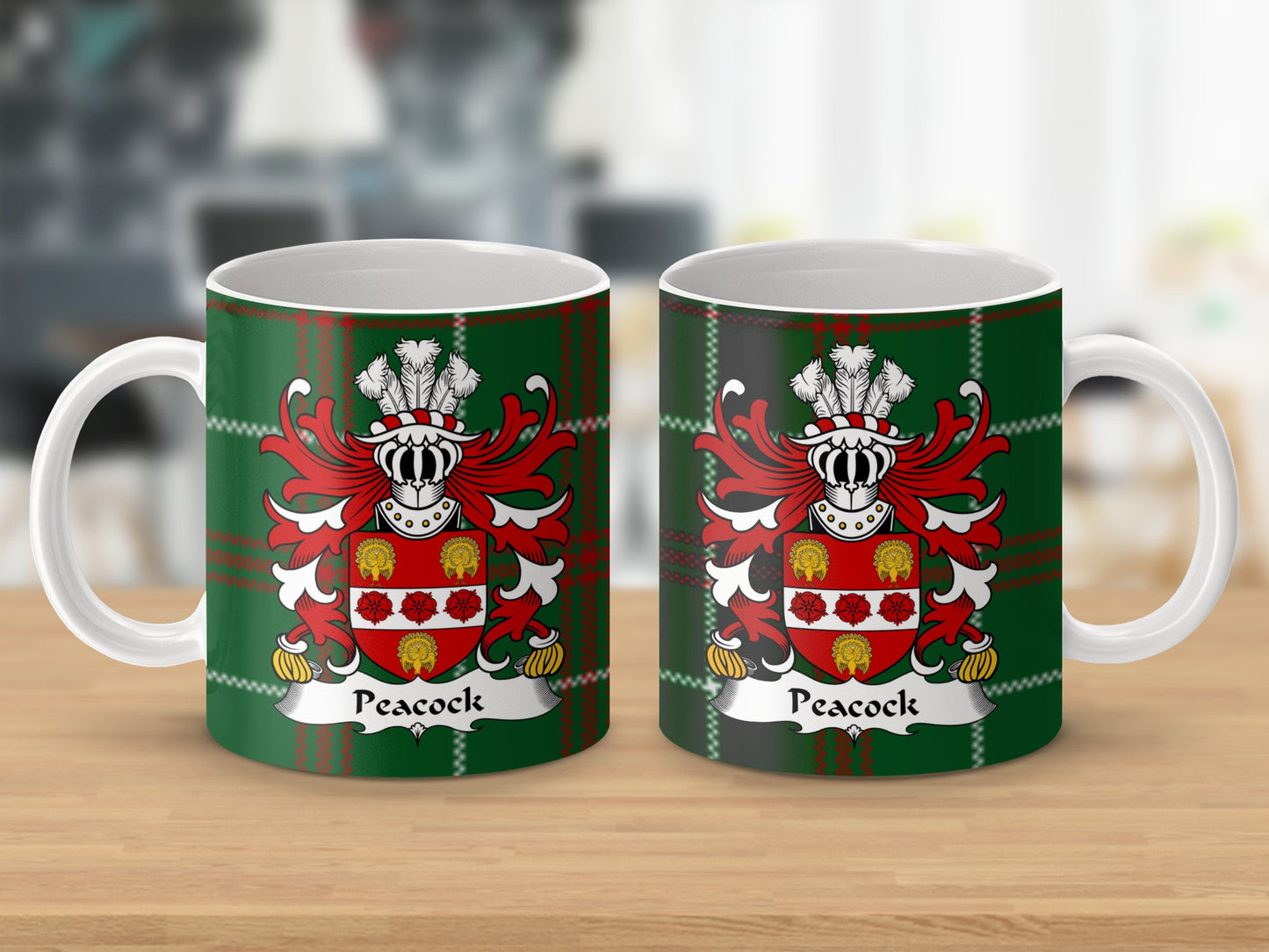 Peacock Surname Coat of Arms on Welsh Tartan Mug - Living Stone Gifts