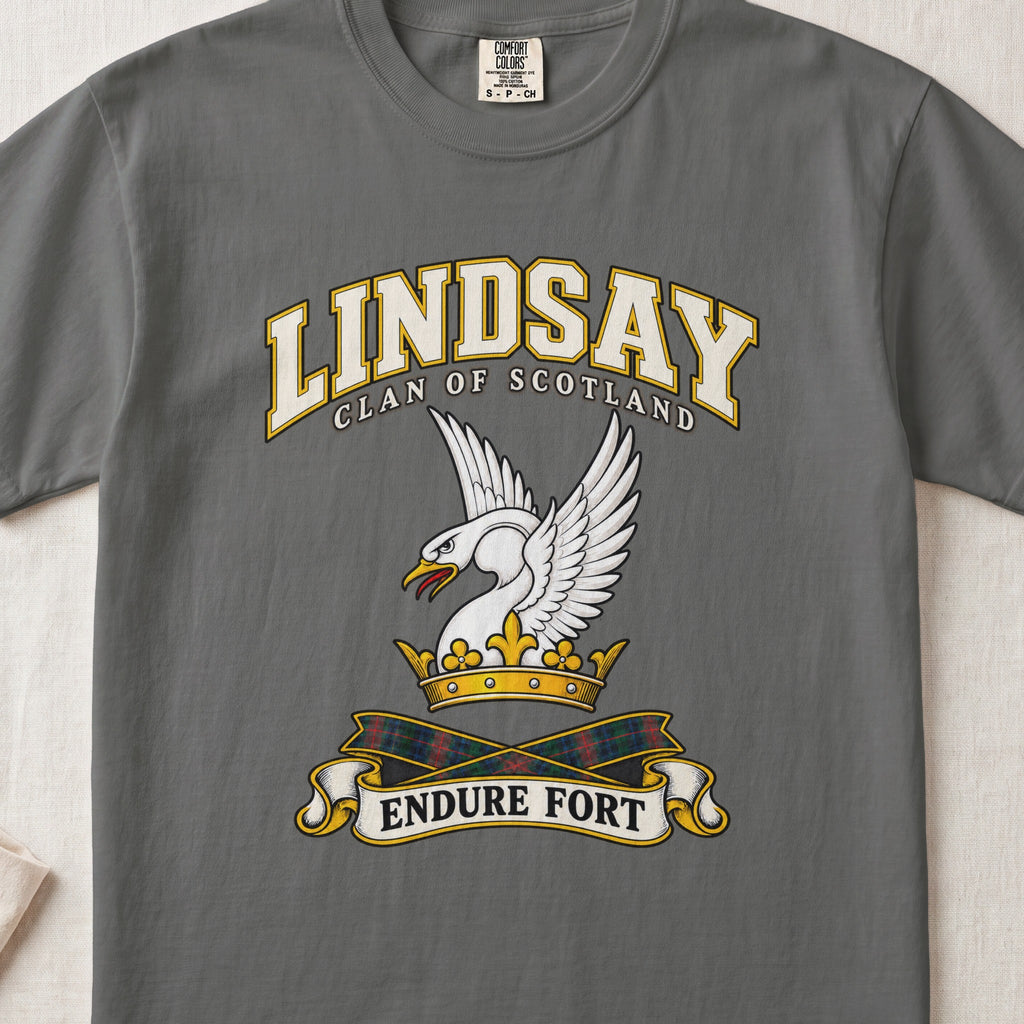 Lindsay Scottish clan T-shirt in Pepper, front view with a white swan with raised wings and a golden crown and motto banner.