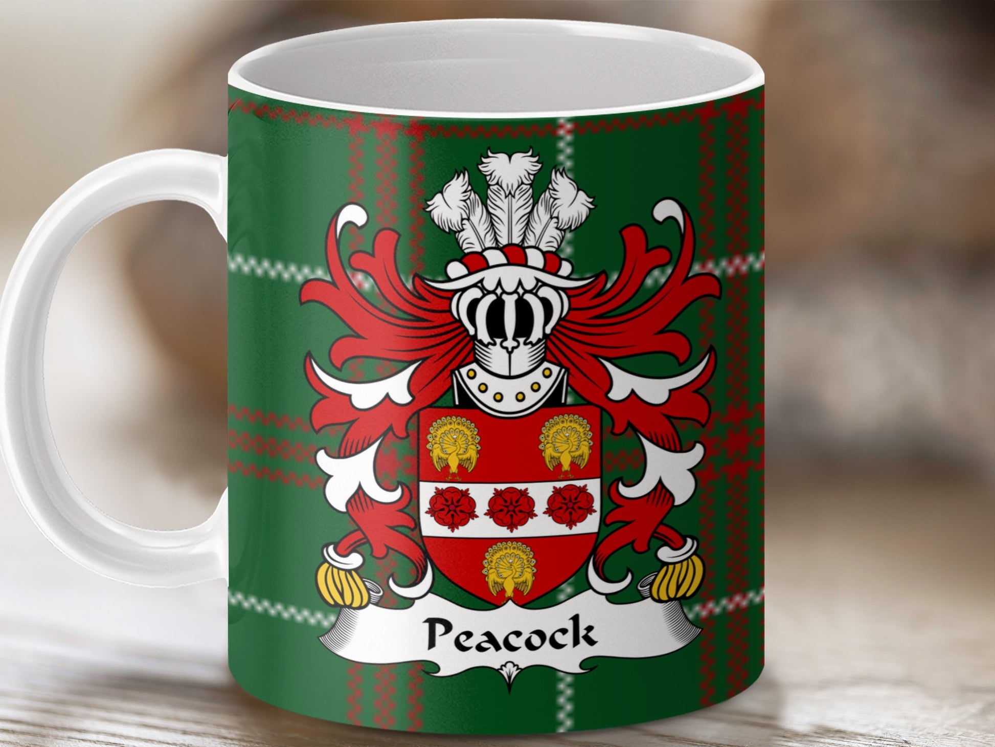 Peacock Surname Coat of Arms on Welsh Tartan Mug - Living Stone Gifts