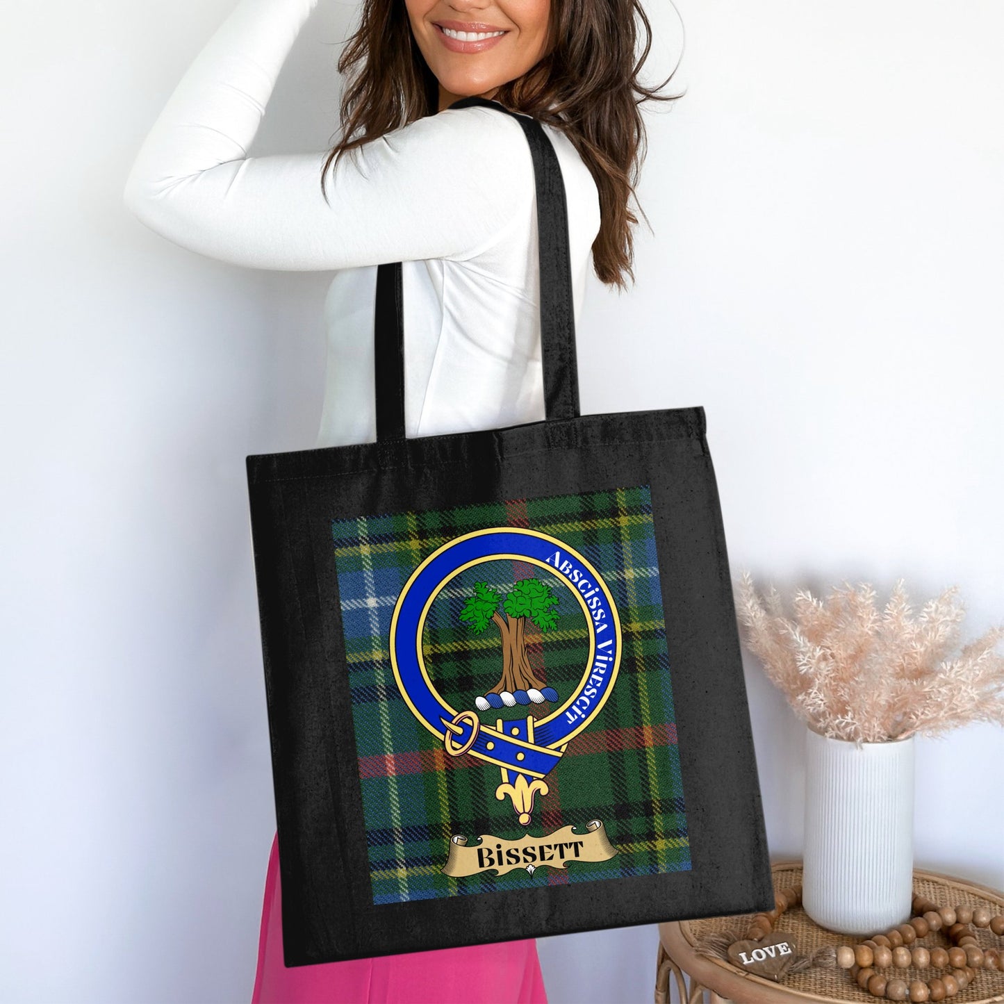 Bissett Clan Crest on Scottish Tartan Background Tote Bag - Living Stone Gifts