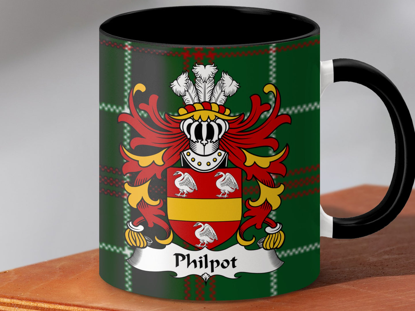 Philpot Surname Coat of Arms on National Tartan Mug - Living Stone Gifts