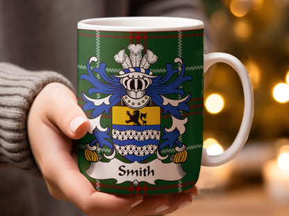 Smith Surname Coat of Arms on Welsh Tartan Background Mug - Living Stone Gifts