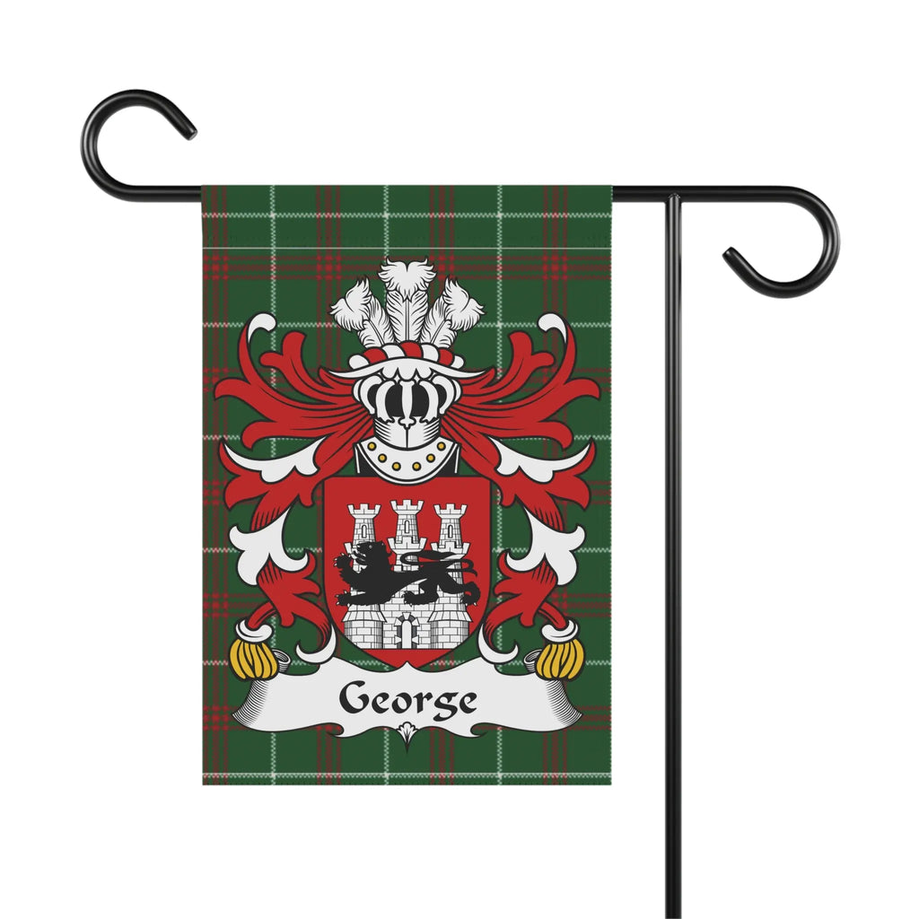 George family crest on a green plaid garden flag.