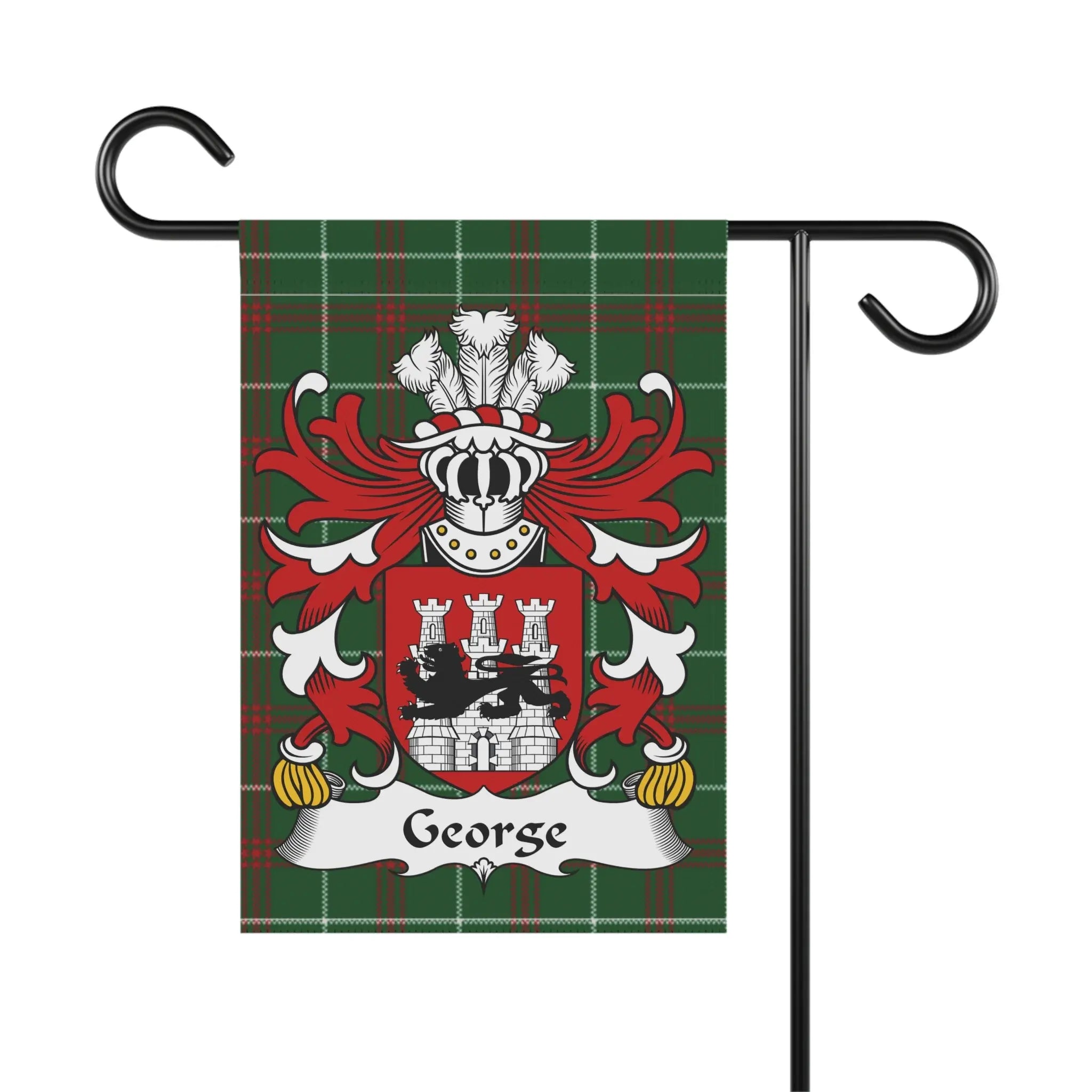 George family crest on a green plaid garden flag.