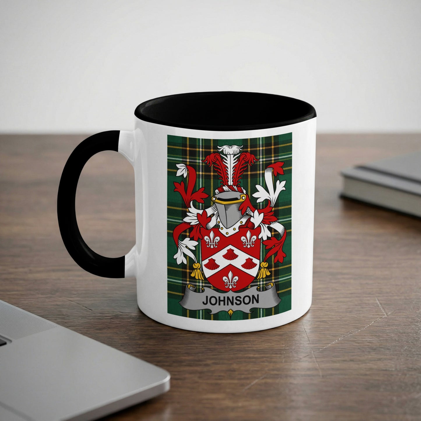 White mug with black rim featuring the Johnson family crest.