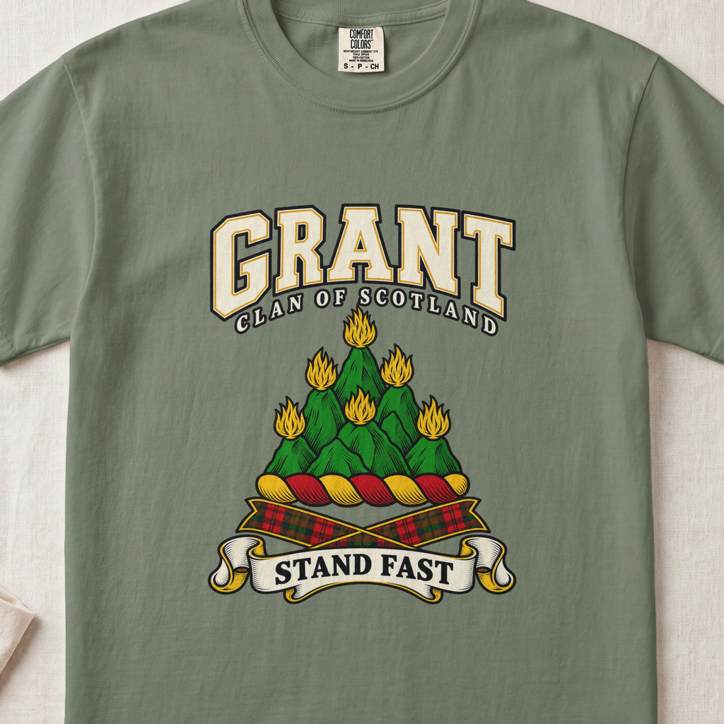 Grant graphic T-shirt in Moss green, front flat lay showing varsity lettering and green mountain-like mound with yellow flames.