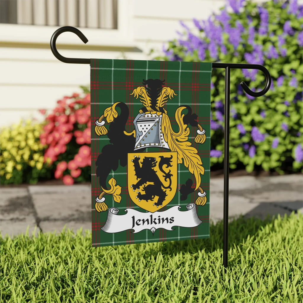 Jenkins family crest on a green tartan plaid garden flag.