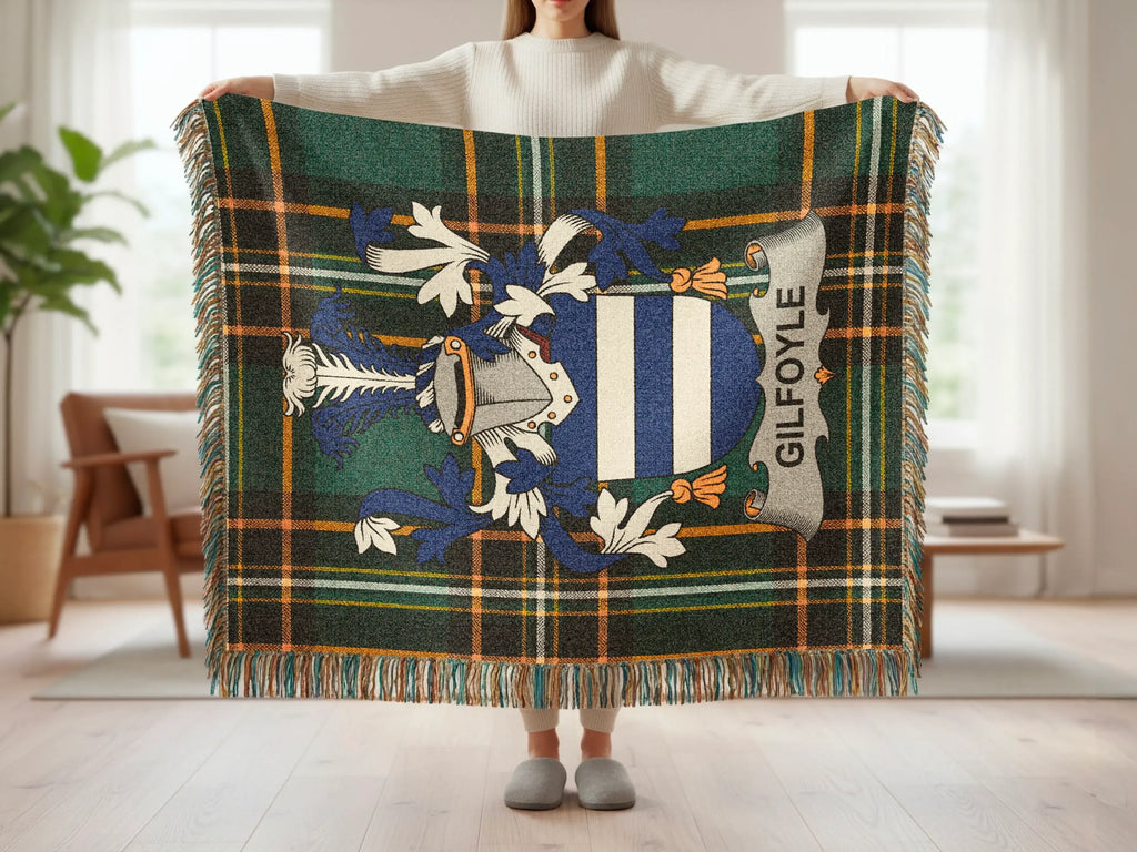Tartan blanket featuring a blue and white crest with Gilfoyle text.