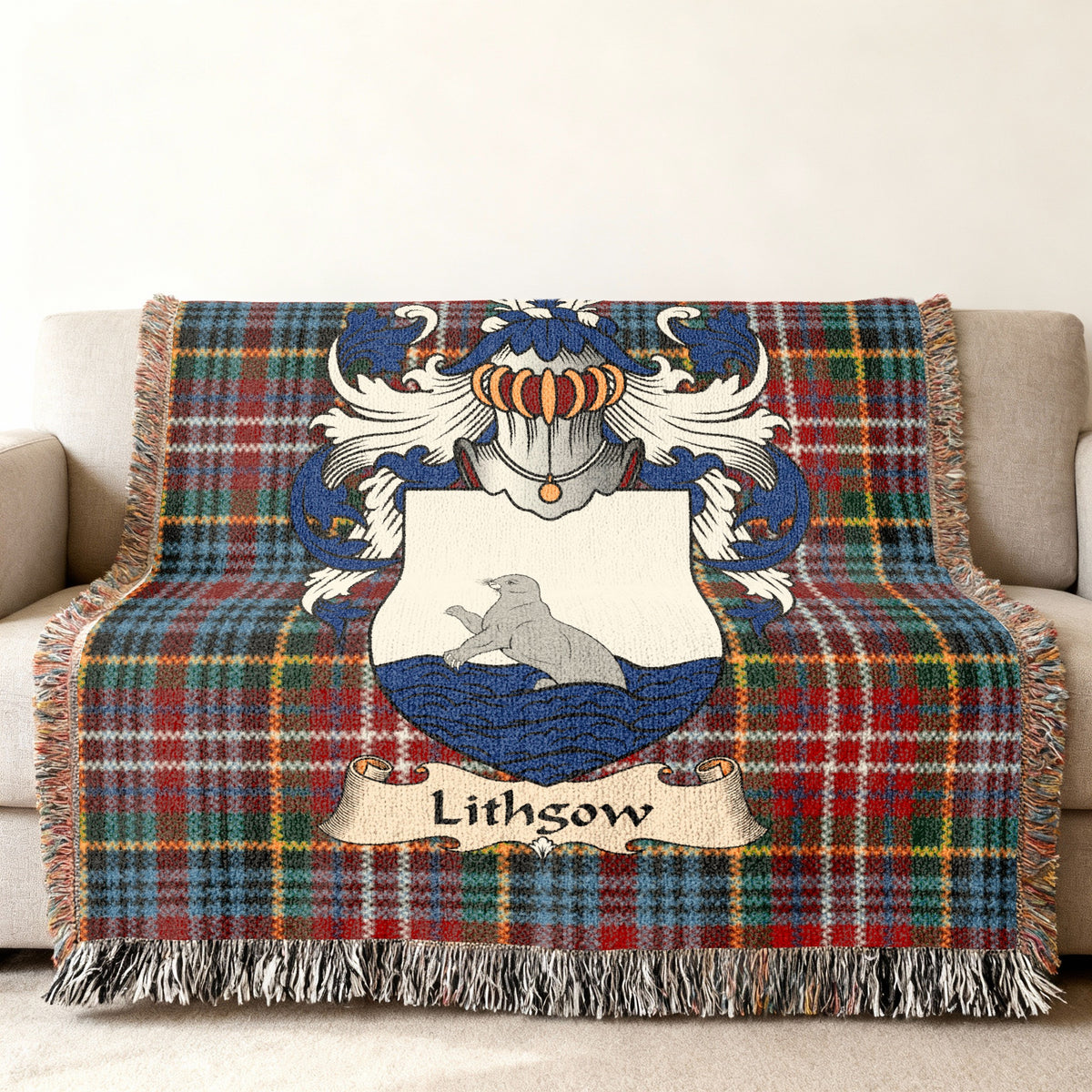 Features of the Lithgow Scottish family shield woven blanket with Caledonia tartan background