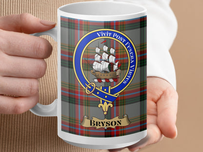 Bryson Family Crest Plaid Background Personalized Mug - Living Stone Gifts