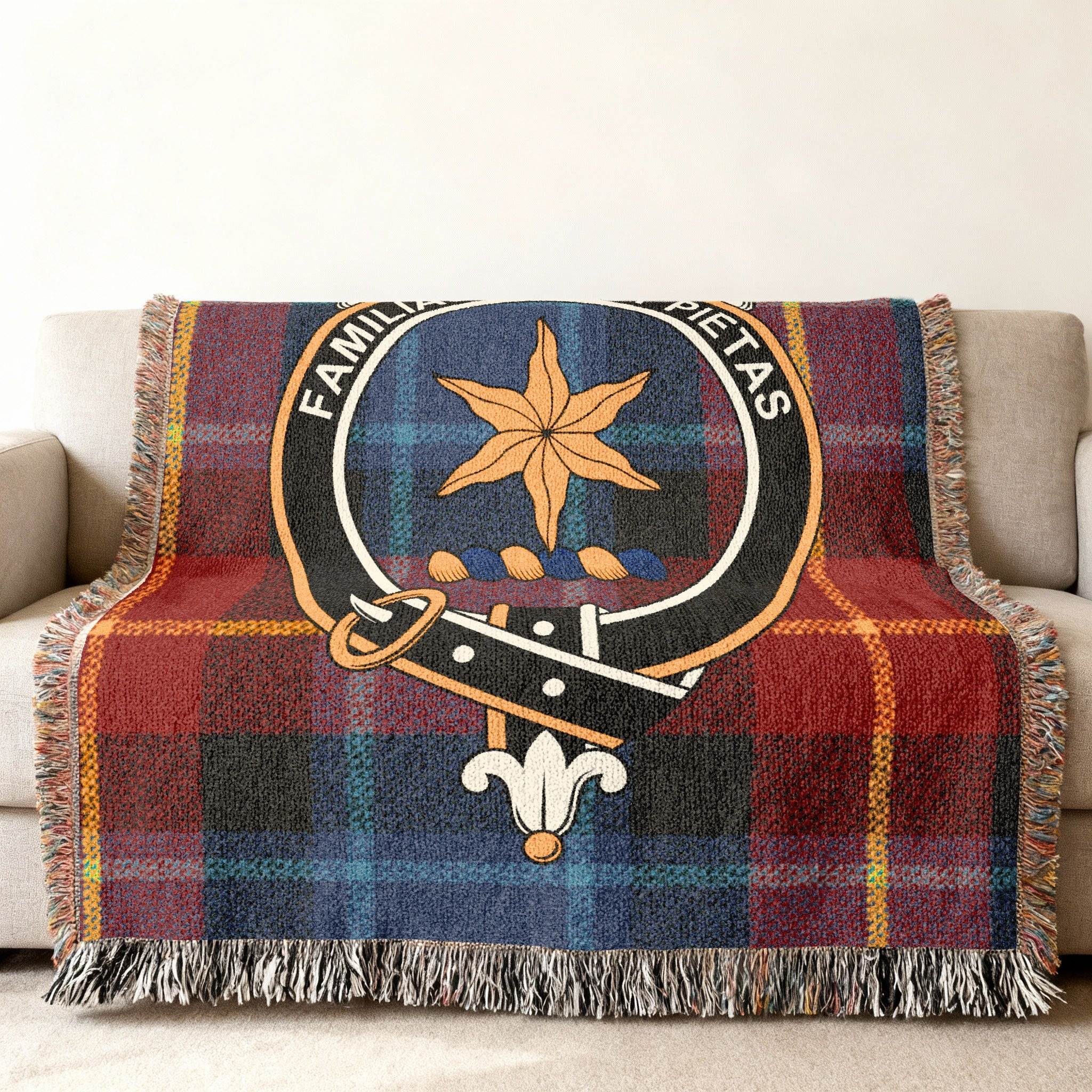 Clan Wardlaw crest tartan woven blanket with family motto design