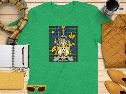 Regan Family Crest on Irish National Tartan T-Shirt - Celtic Ancestry Gifts