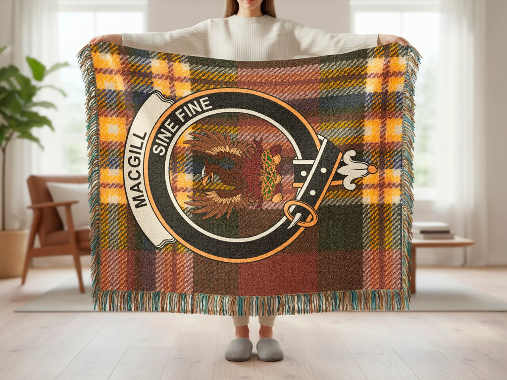 MacGill Sine Fine Plaid Tartan Blanket with Crest Design