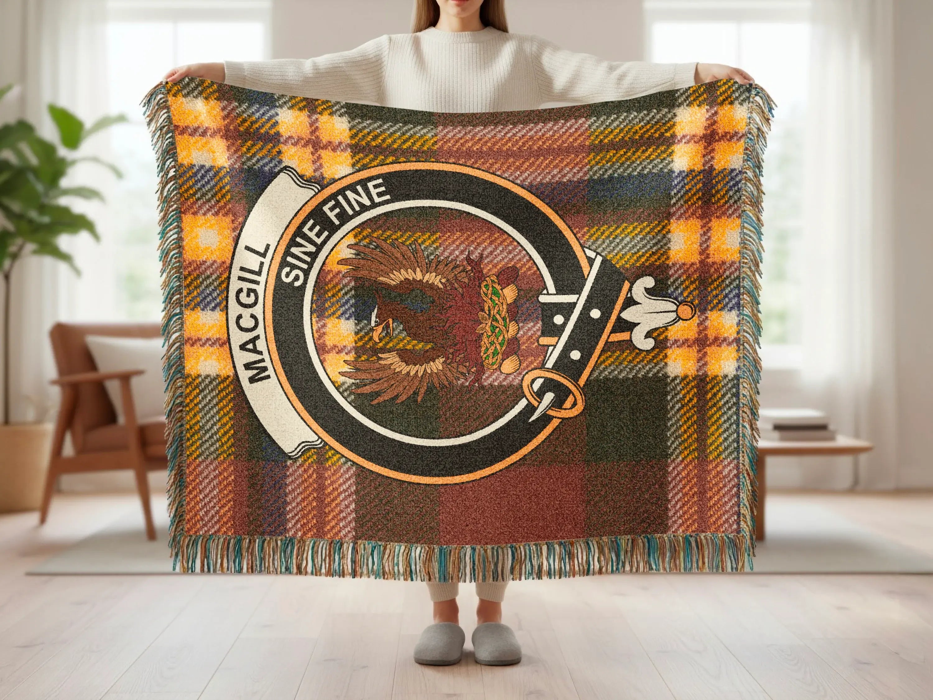 MacGill Sine Fine Plaid Tartan Blanket with Crest Design