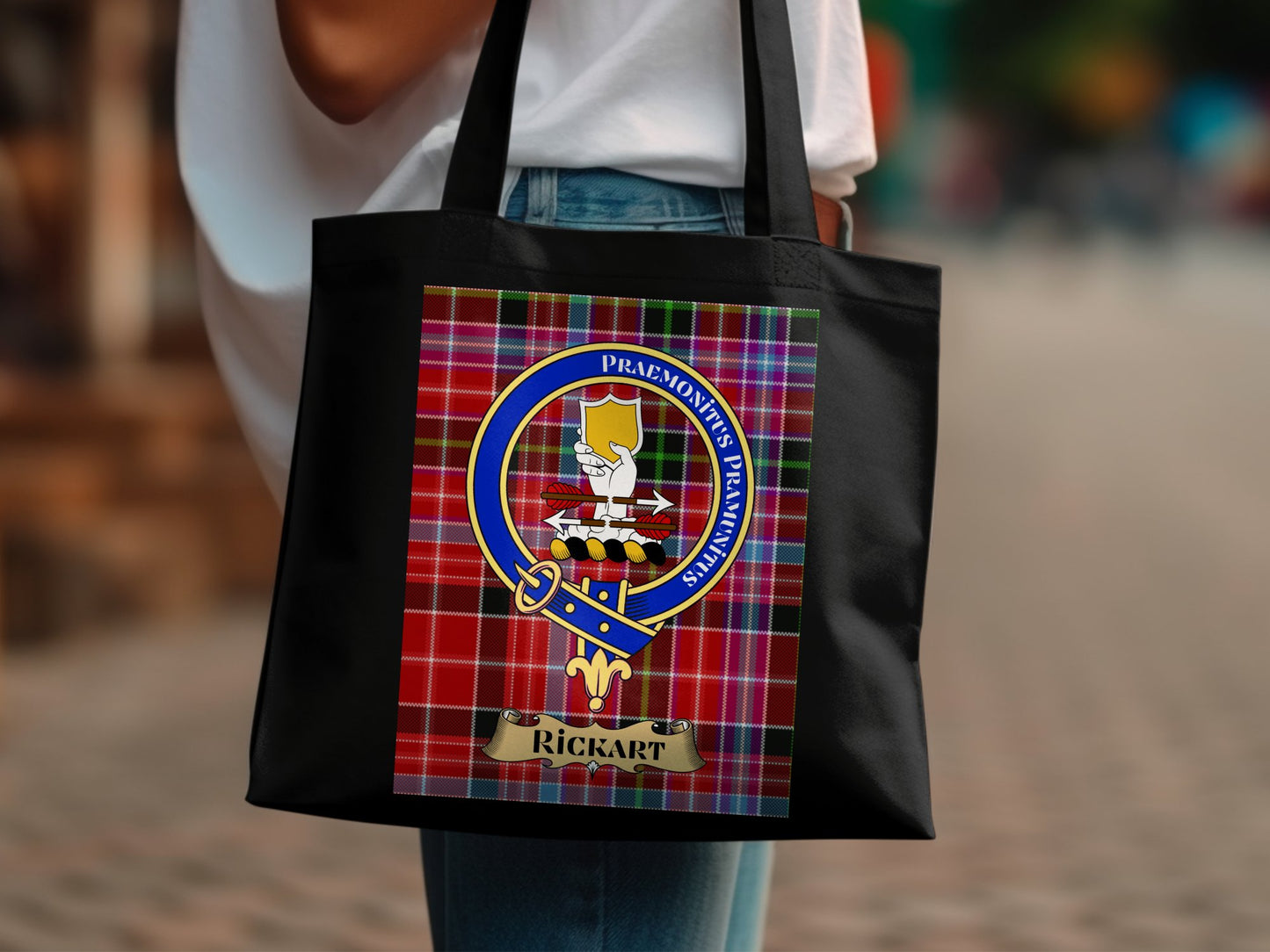 Scottish Clan Crest on Tartan Background Rickart Tote Bag - Living Stone Gifts