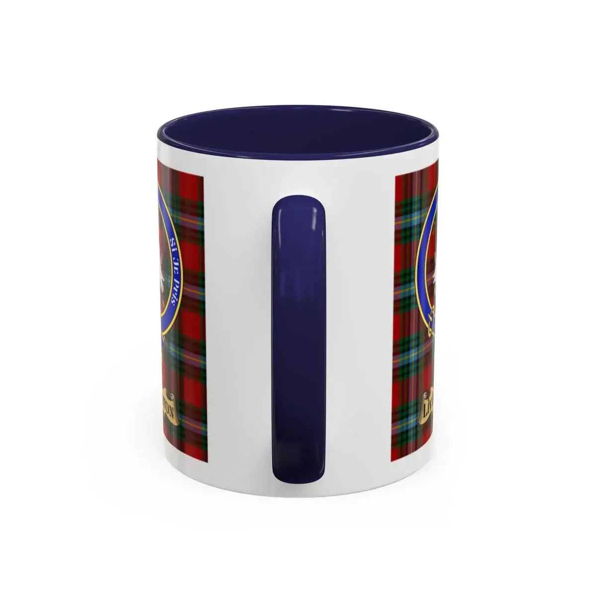 Livingston clan tartan accent mug — 15 oz red handle, size and colour options shown