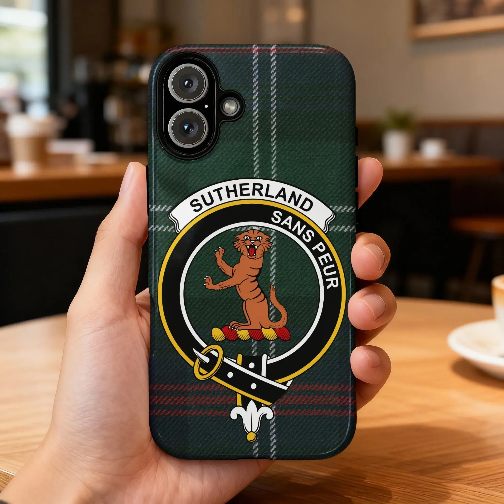 Sutherland sans peur crest with tartan phone case — slim impact-resistant, Google Pixel shown