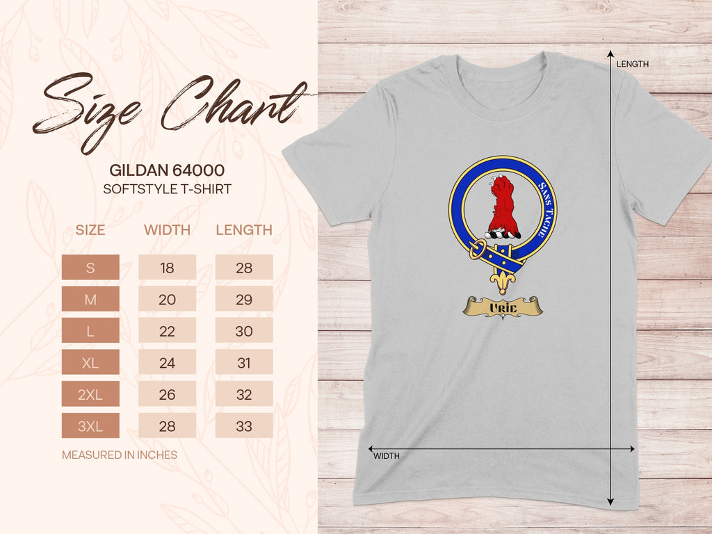 Gildan 64000 size chart for Urie Scottish clan crest T-shirt