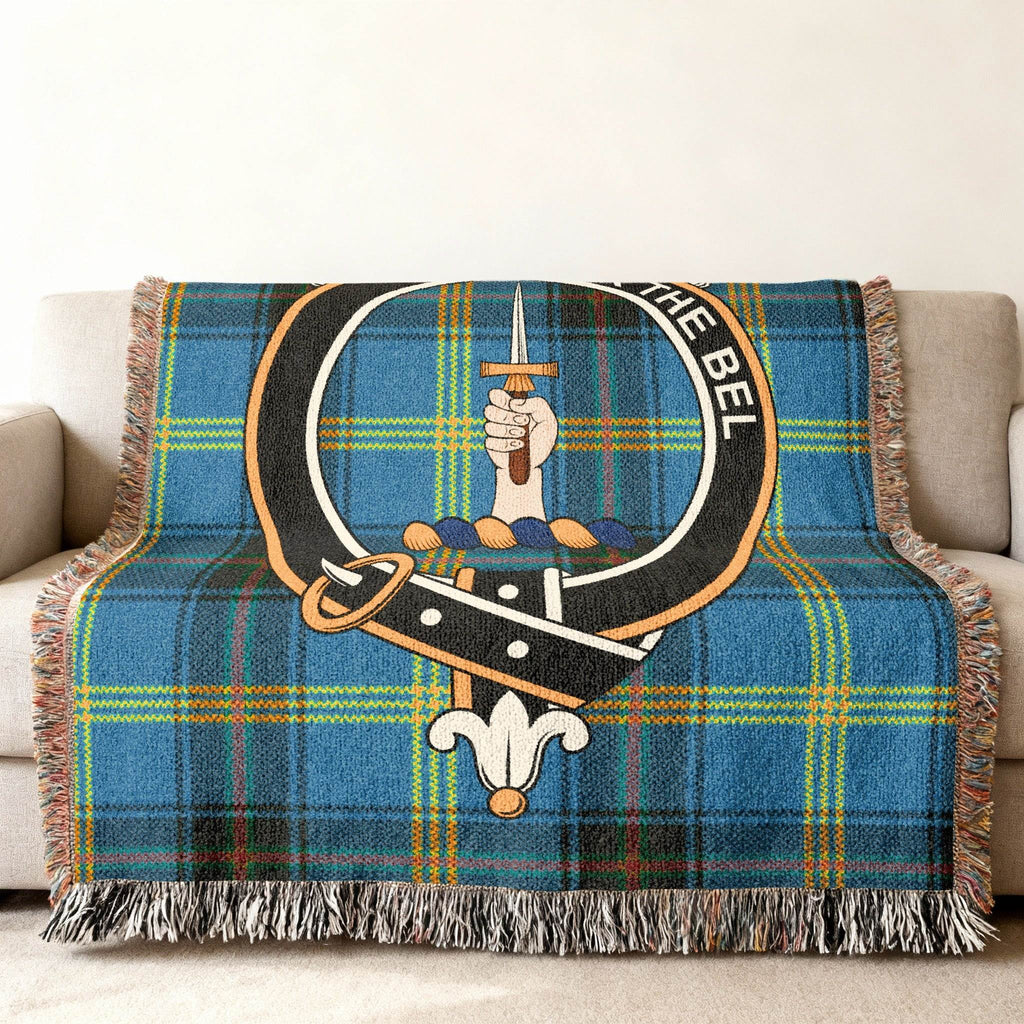 Clan Bell blue tartan woven blanket with crest — Scottish heritage design woven through cotton fabric