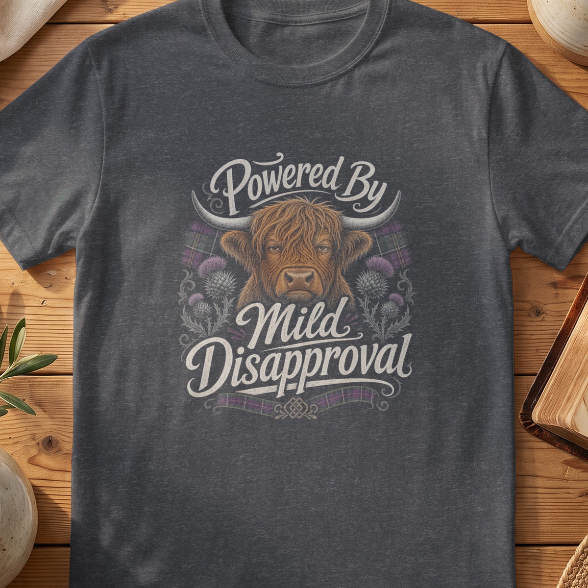 Dark grey Gildan 64000 unisex T-shirt flatlay with Powered by Mild Disapproval Scottish graphic design