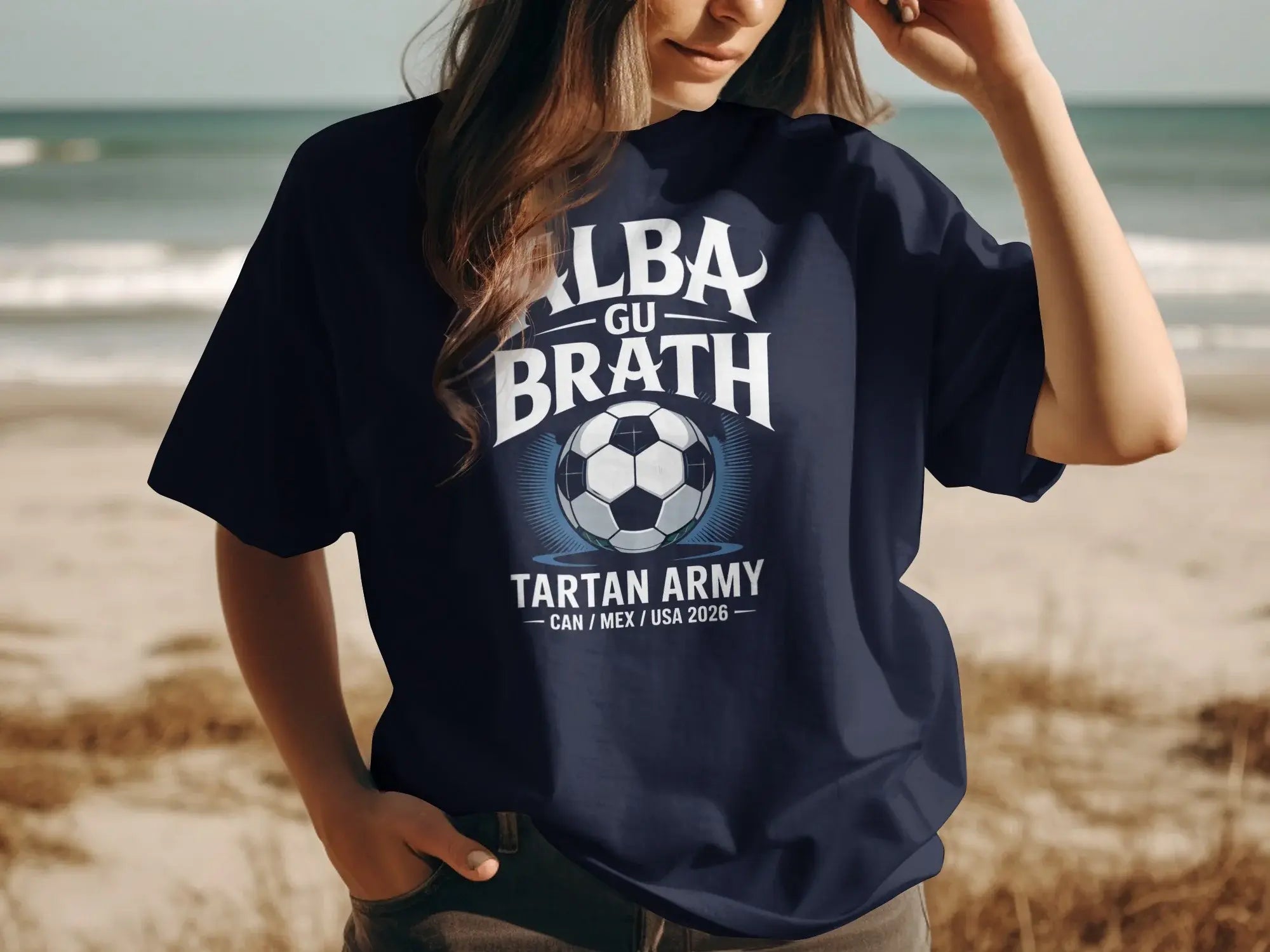Navy t-shirt with "ALBA GU BRATH" and soccer ball graphic.