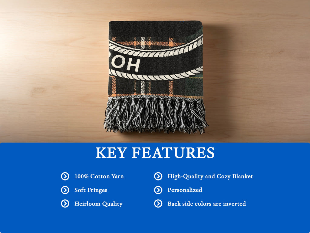 MacConsidine cotton woven blanket detail with decorative fringed edges