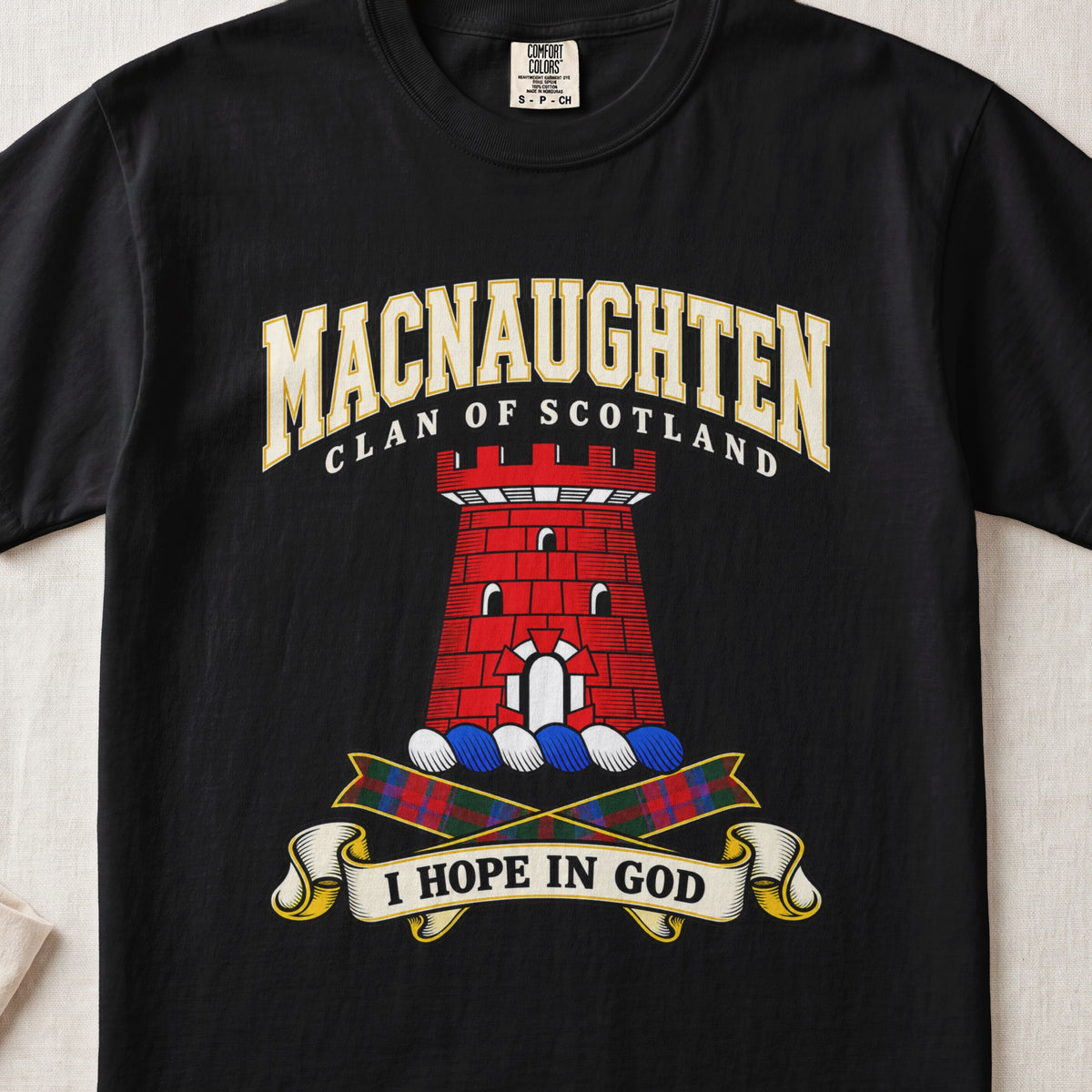 MacNaughten Scottish clan graphic T-shirt in Black, front view