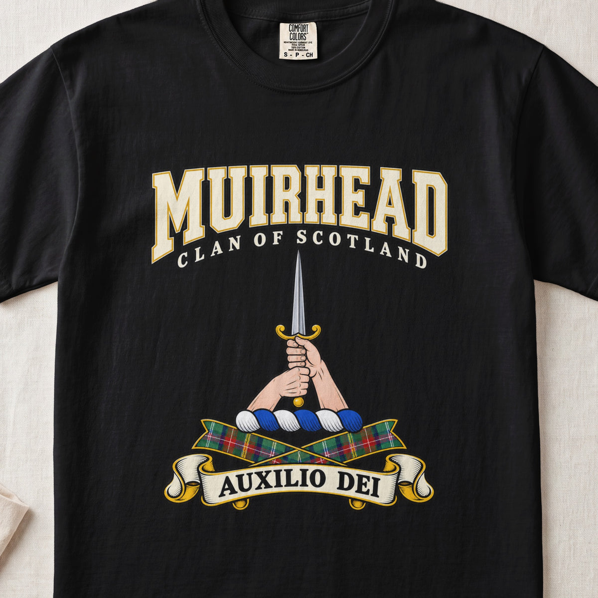 Muirhead Scottish clan graphic T-shirt in Black, front view