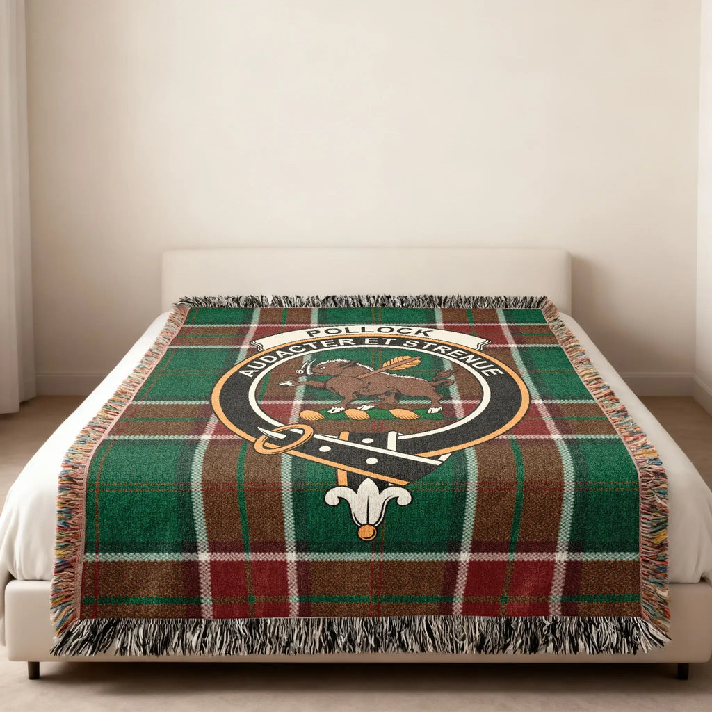Clan Pollock Audacter et Strenue tartan heirloom woven blanket — crest and pattern woven in