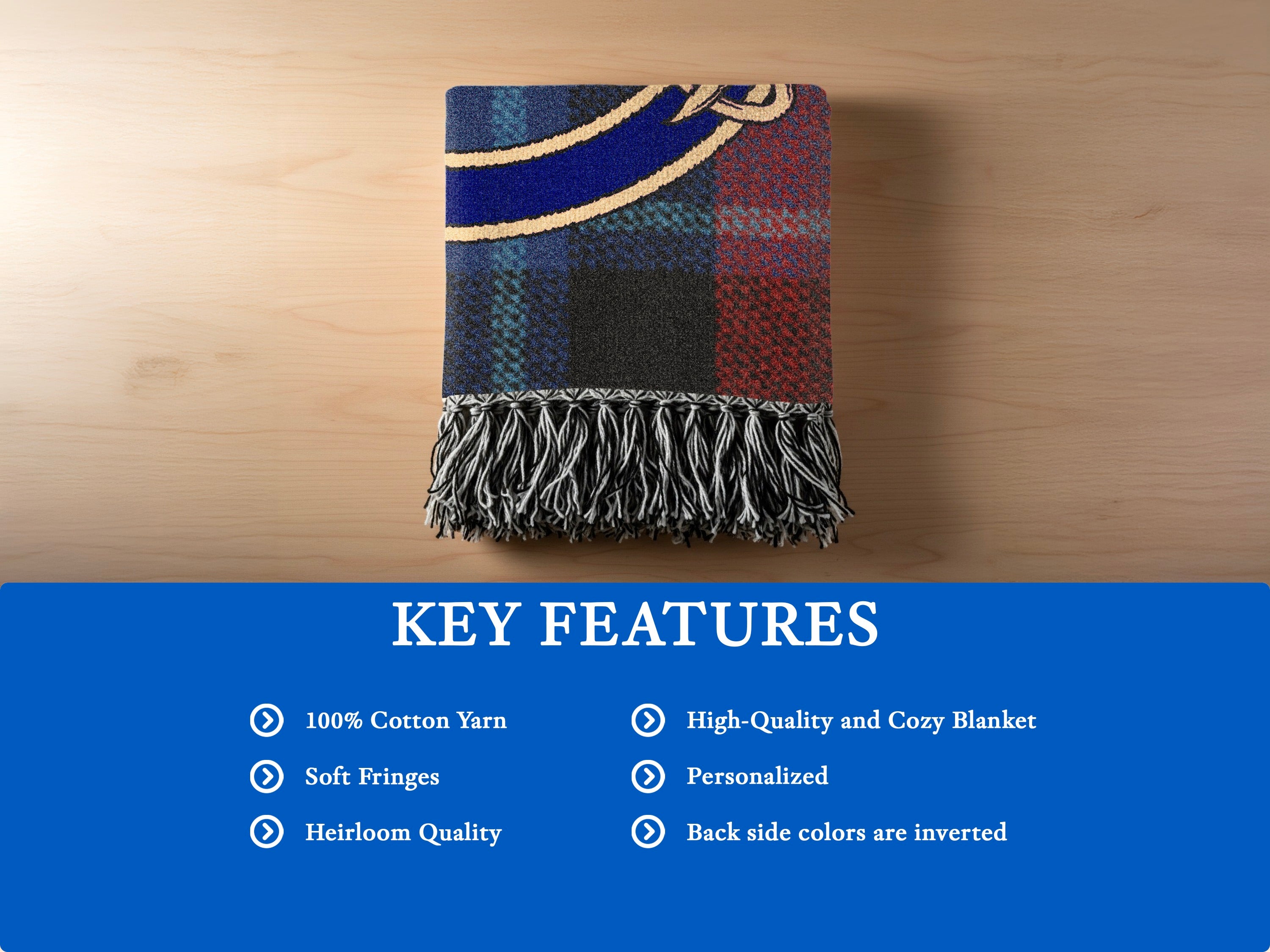 Watt woven blanket detail — 100% cotton yarn with soft fringe edges