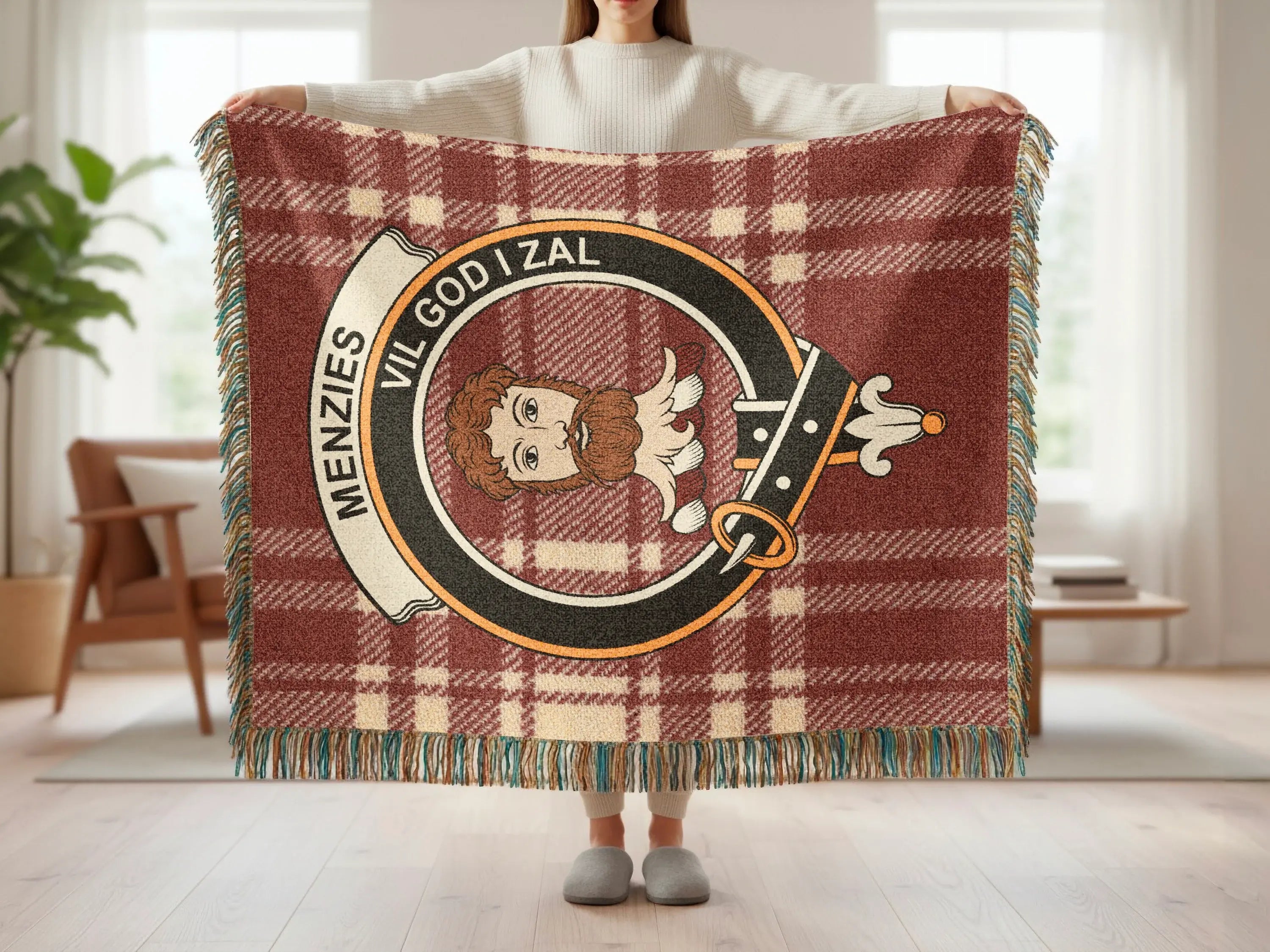 Menzies Vil God I Zal tartan woven blanket with fringe edge — clan crest cotton construction