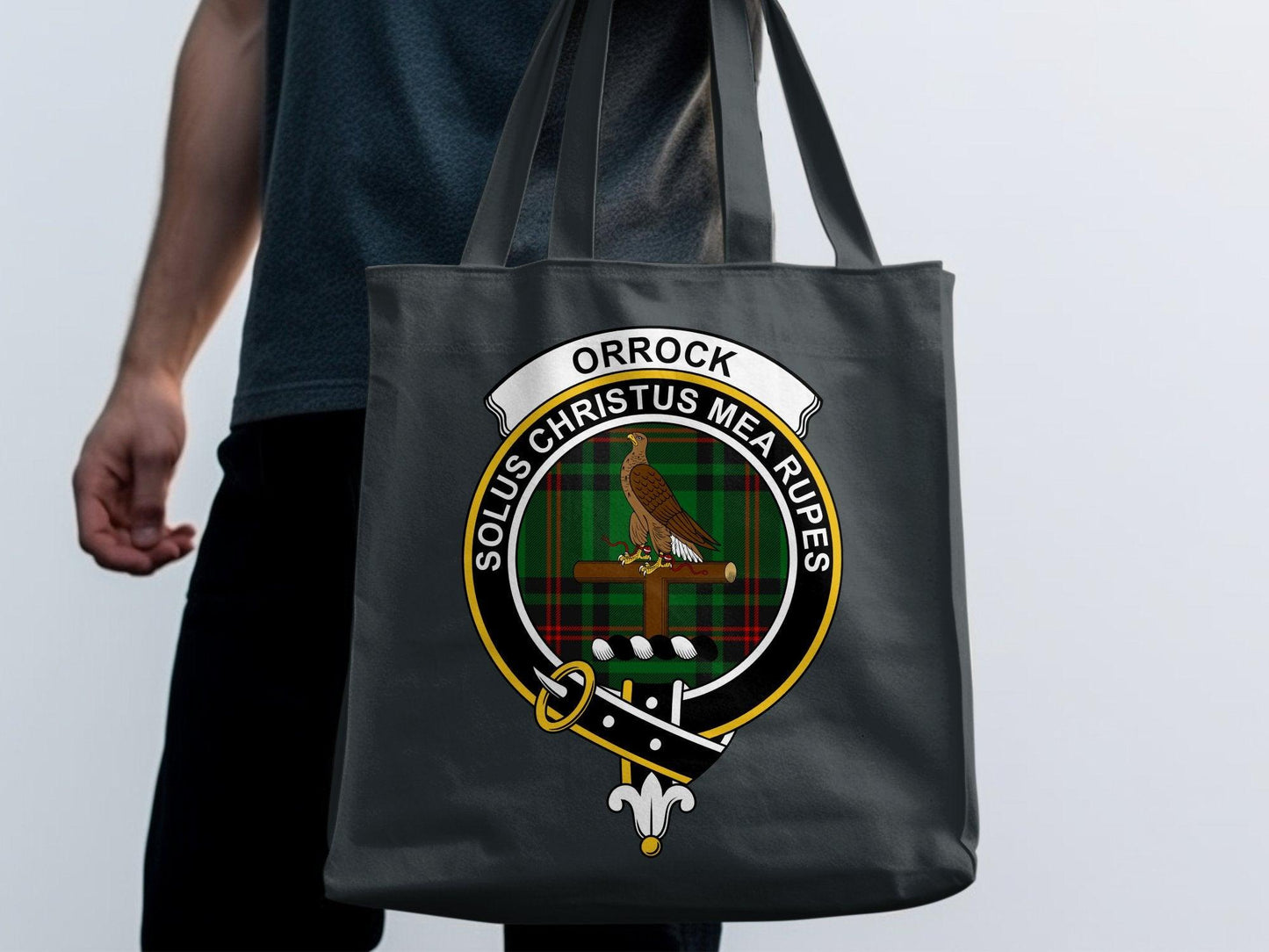 Orrock Clan Crest Solus Christus Mea Rupes Tote Bags - Celtic Ancestry Gifts