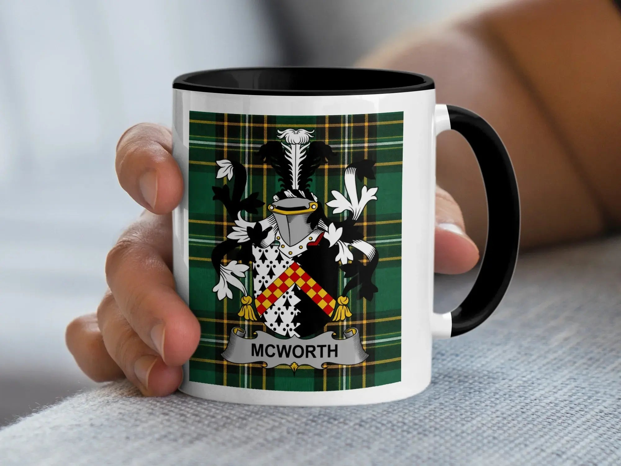 McWorth Irish family crest black accent mug