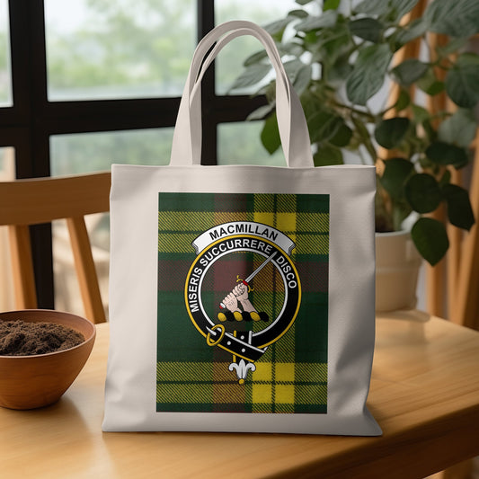 Scottish Clan Crest on Tartan Background Tote Bag - Living Stone Gifts