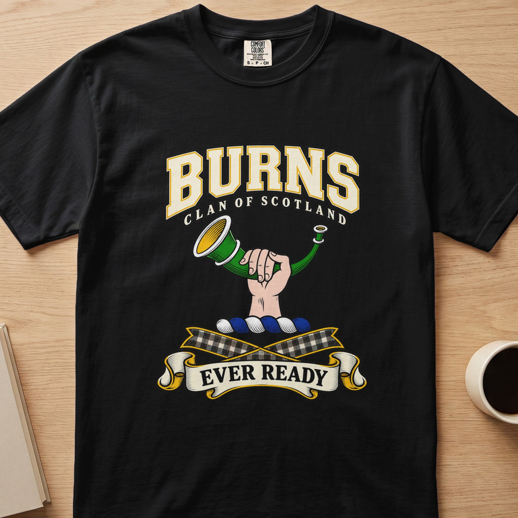 Burns clan T-shirt in black, front view with hand holding a green hunting horn