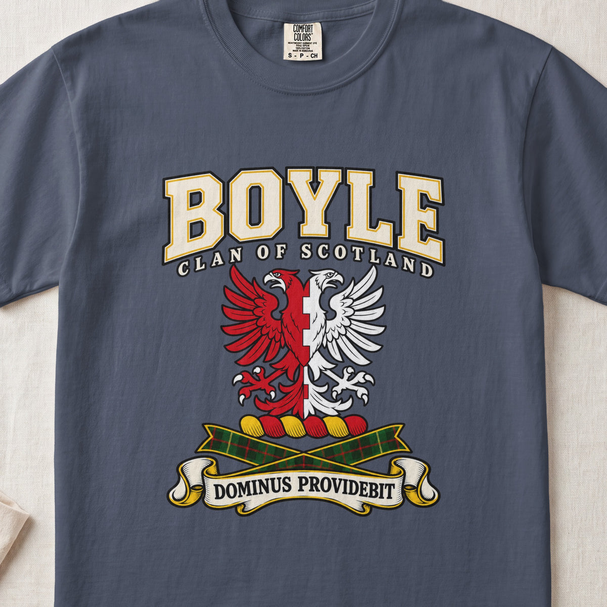 Boyle Scottish clan graphic T-shirt in Midnight, front view