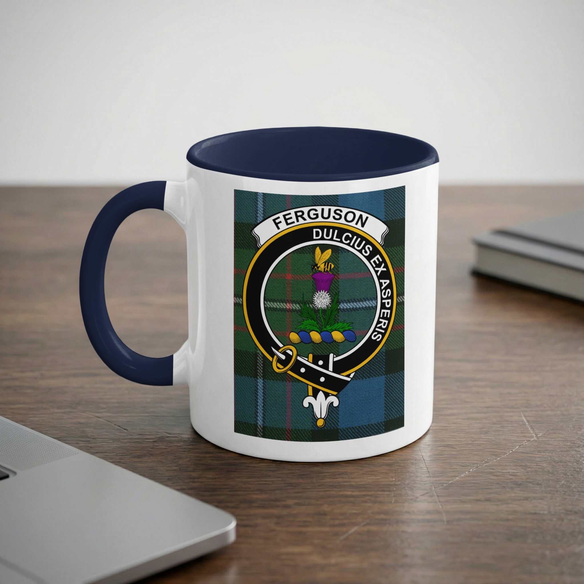 Ferguson crest on green and blue tartan background mug — navy accent