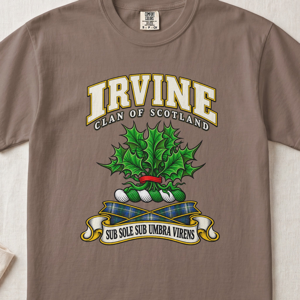 Irvine Scottish clan T-shirt in Espresso, front view with green holly leaves with red berries and motto banner.