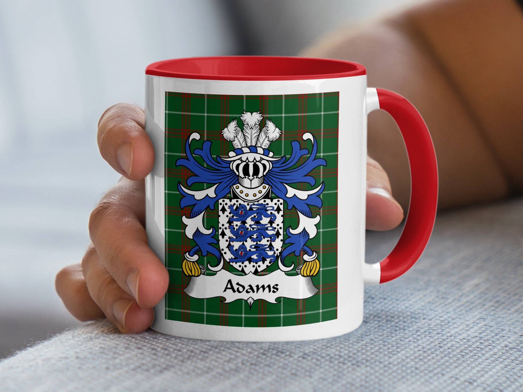 Adams Welsh family crest mug on Welsh National Tartan