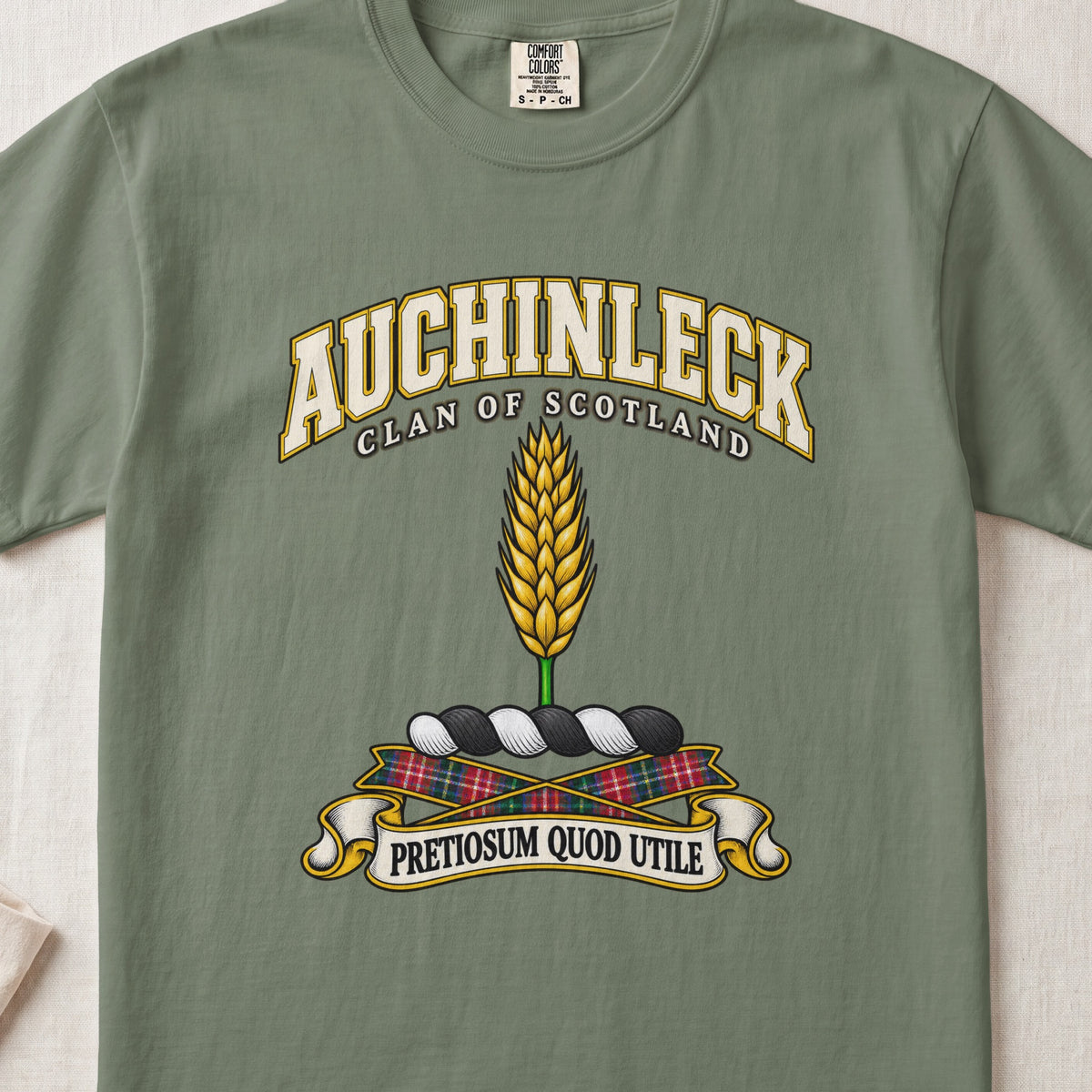 Auchinleck Scottish clan T-shirt in Moss, front view with a golden ear of wheat and motto banner.