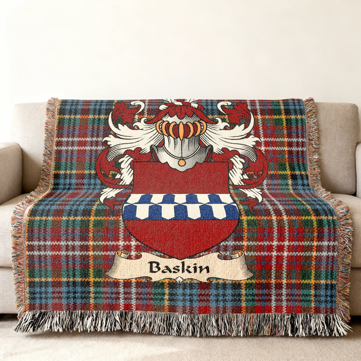 Baskin Scottish family shield woven blanket on a Caledonia tartan background