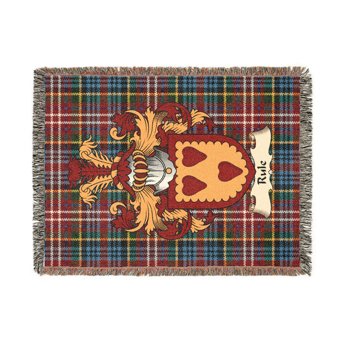 Rule Scottish woven blanket with family shield and Caledonia tartan background