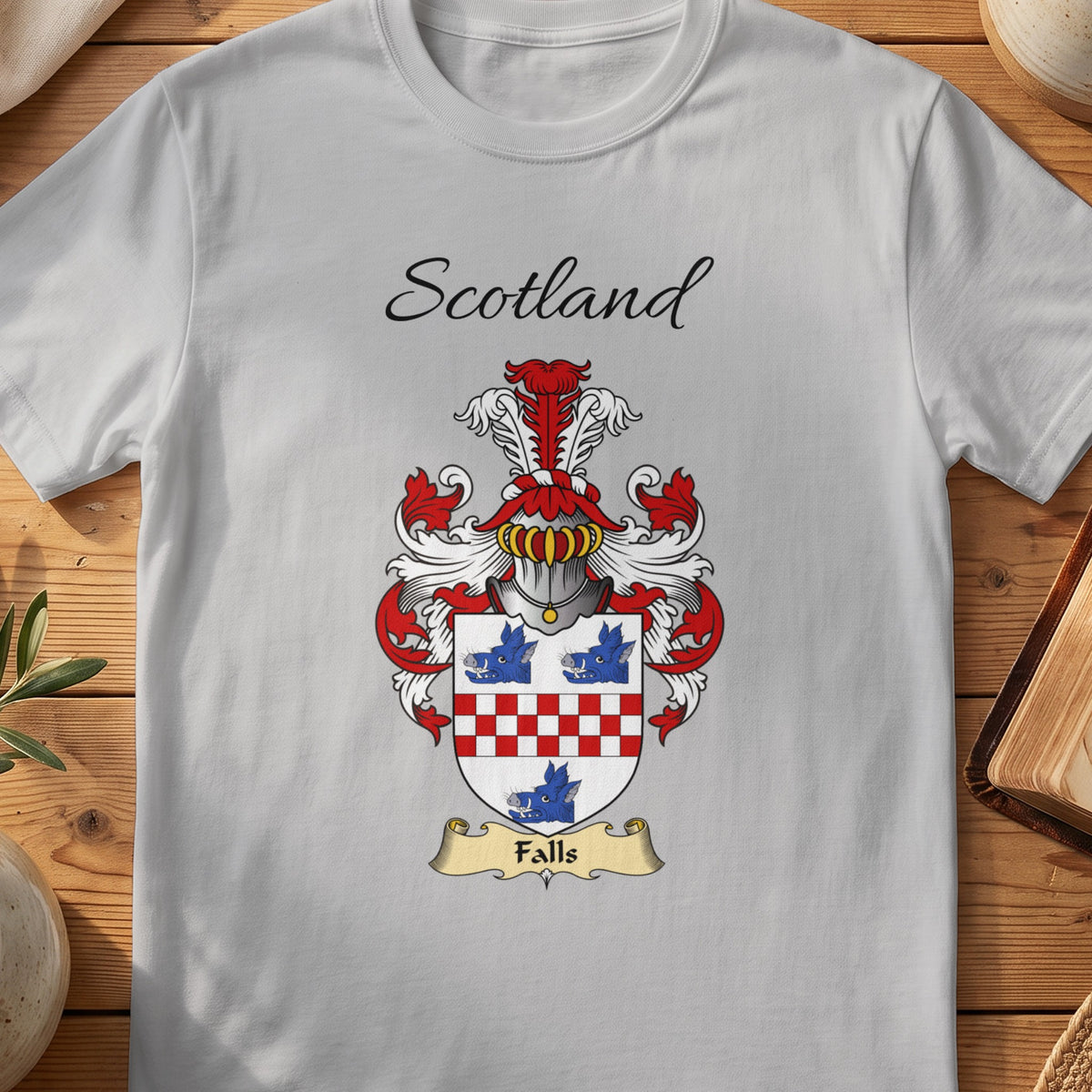 Sport Grey Falls Scottish family shield T-shirt featuring blue motifs above and below a red checked band