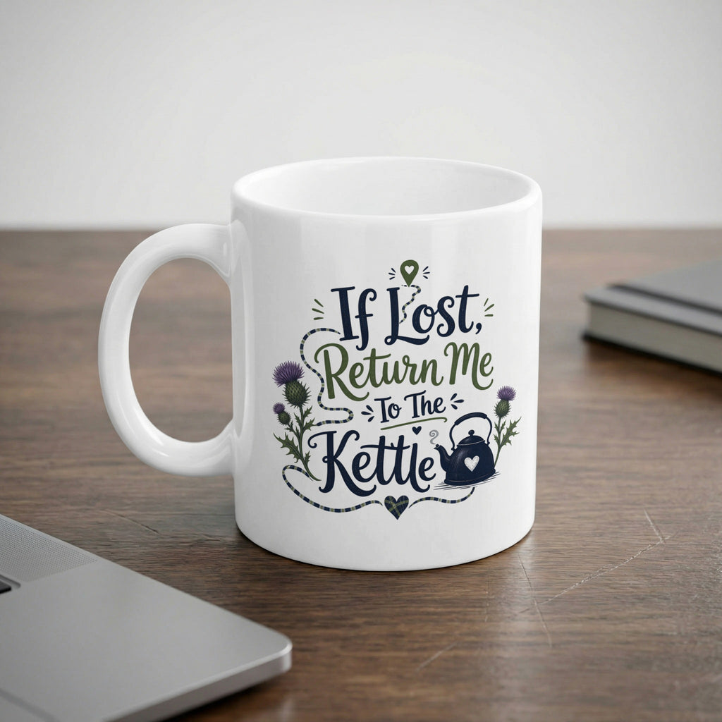 White mug with "If Lost, Return to the Kettle" text and thistle design.