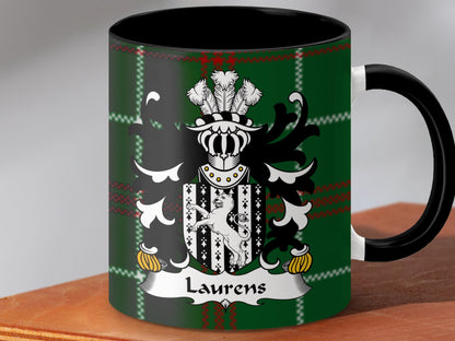 Laurens Welsh Surname Coat of Arms on Tartan Background Mug - Living Stone Gifts