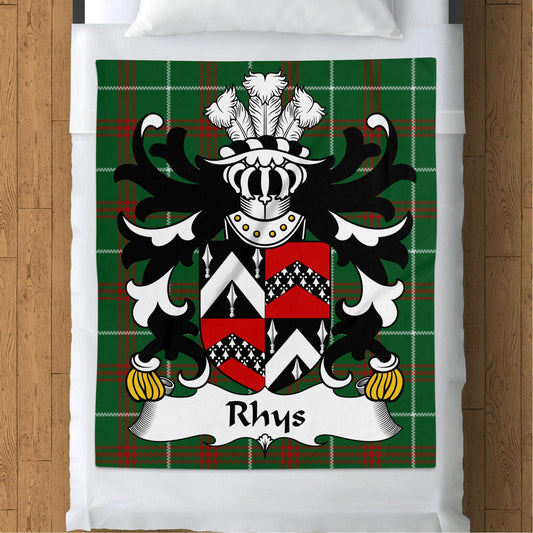 Rhys Surname Coat of Arms on Welsh Tartan Blanket - Living Stone Gifts