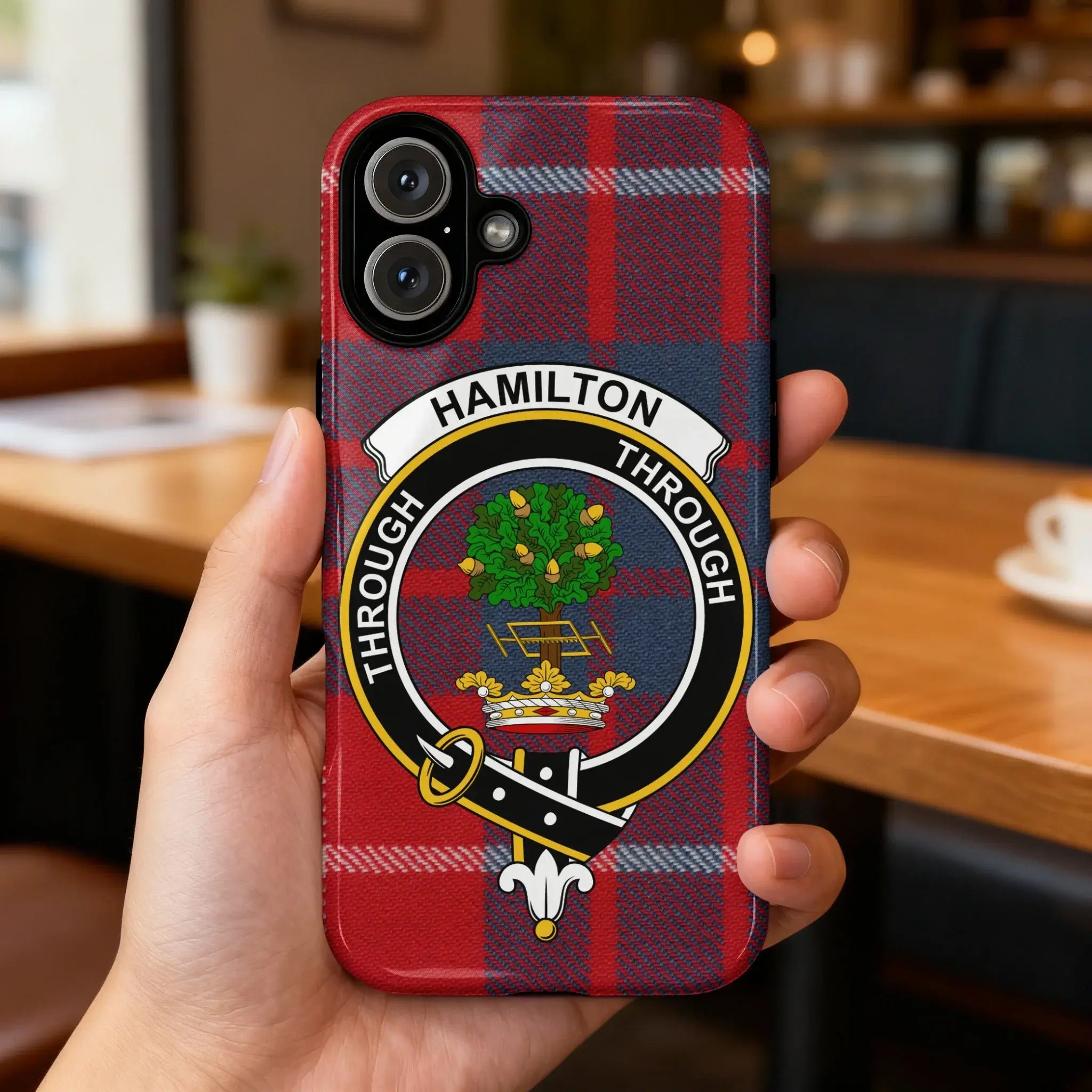 Hamilton Through clan crest tartan phone case flat lay — full plaid design visible