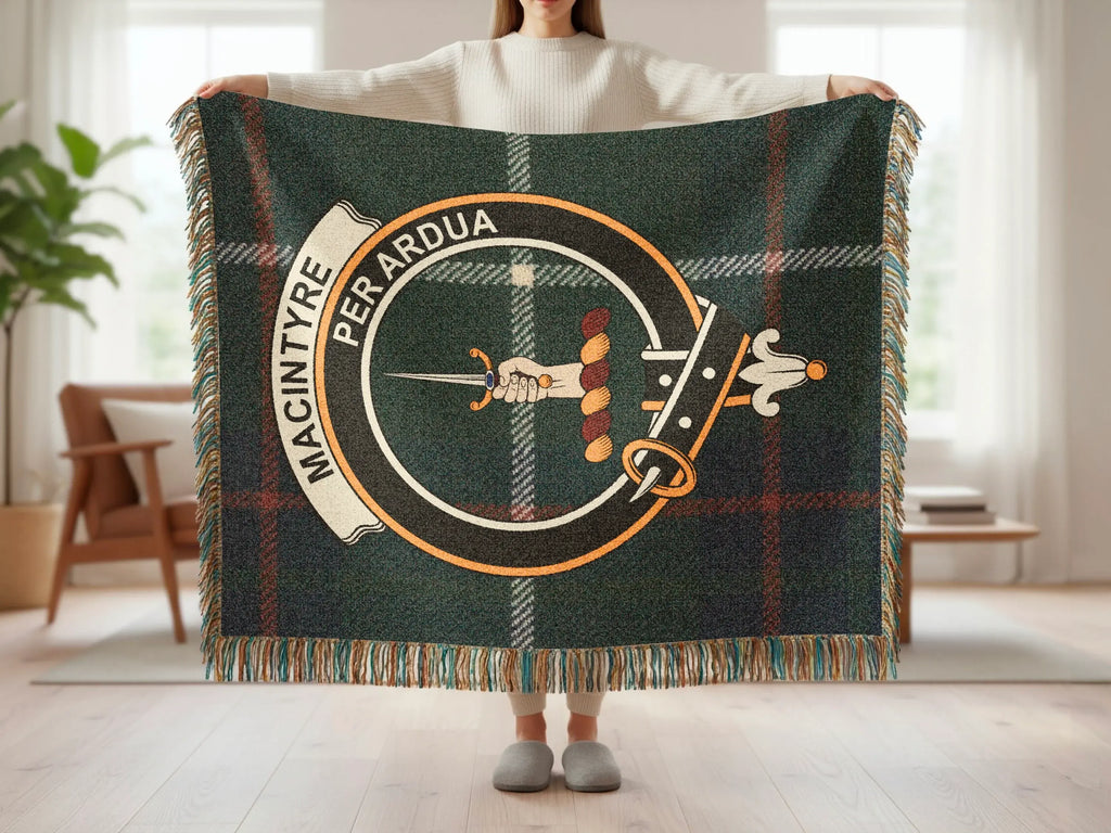 MacIntyre Per Ardua tartan woven blanket with fringe design — 100% cotton, multiple sizes