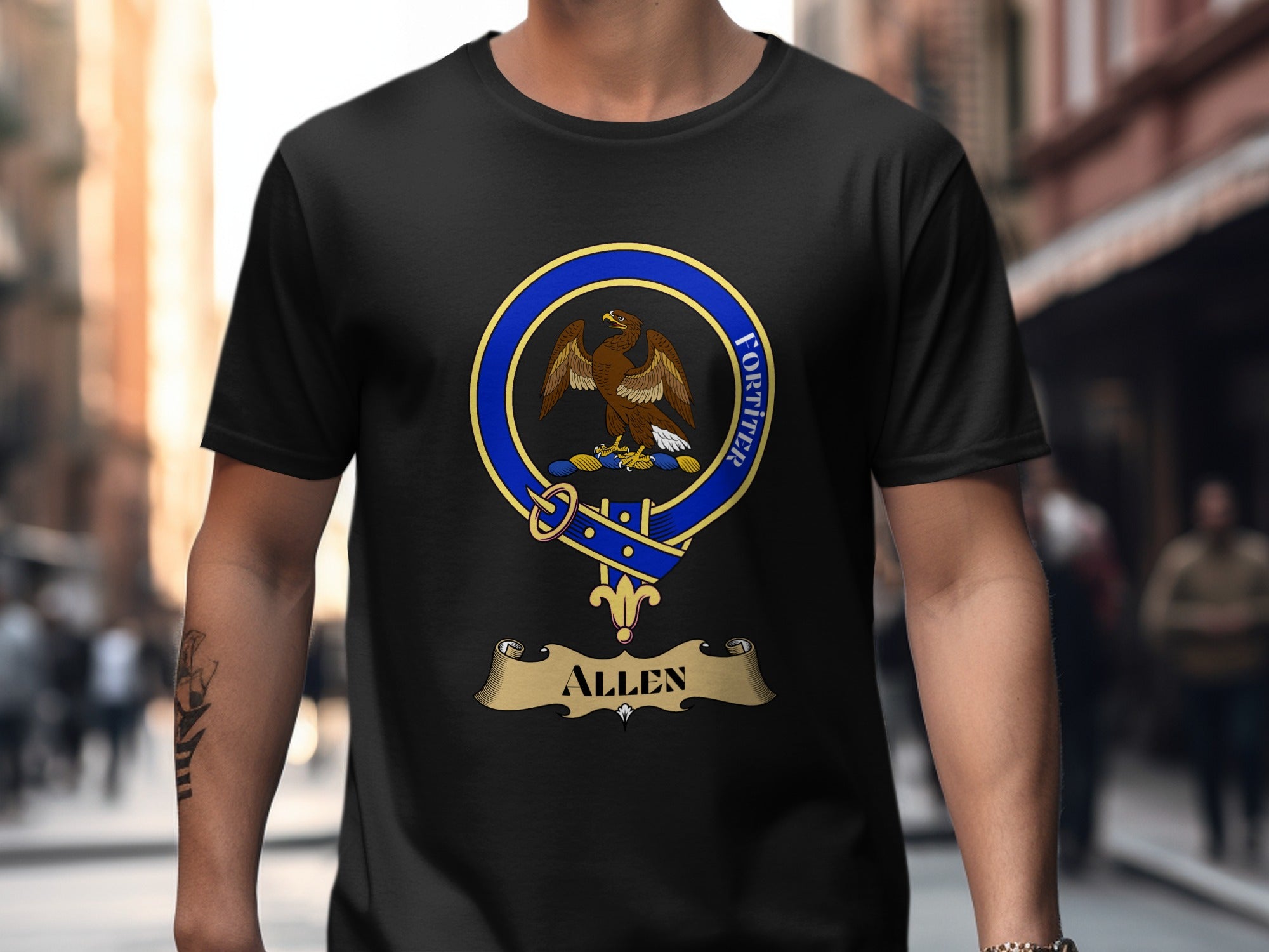 Allen Scottish clan crest design on Black T-shirt