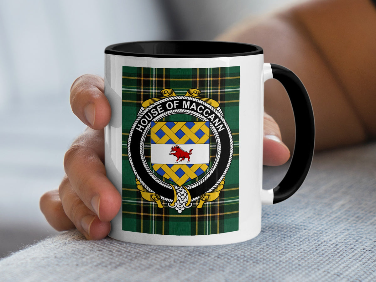 MacCann Irish National Tartan mug with family crest emblem